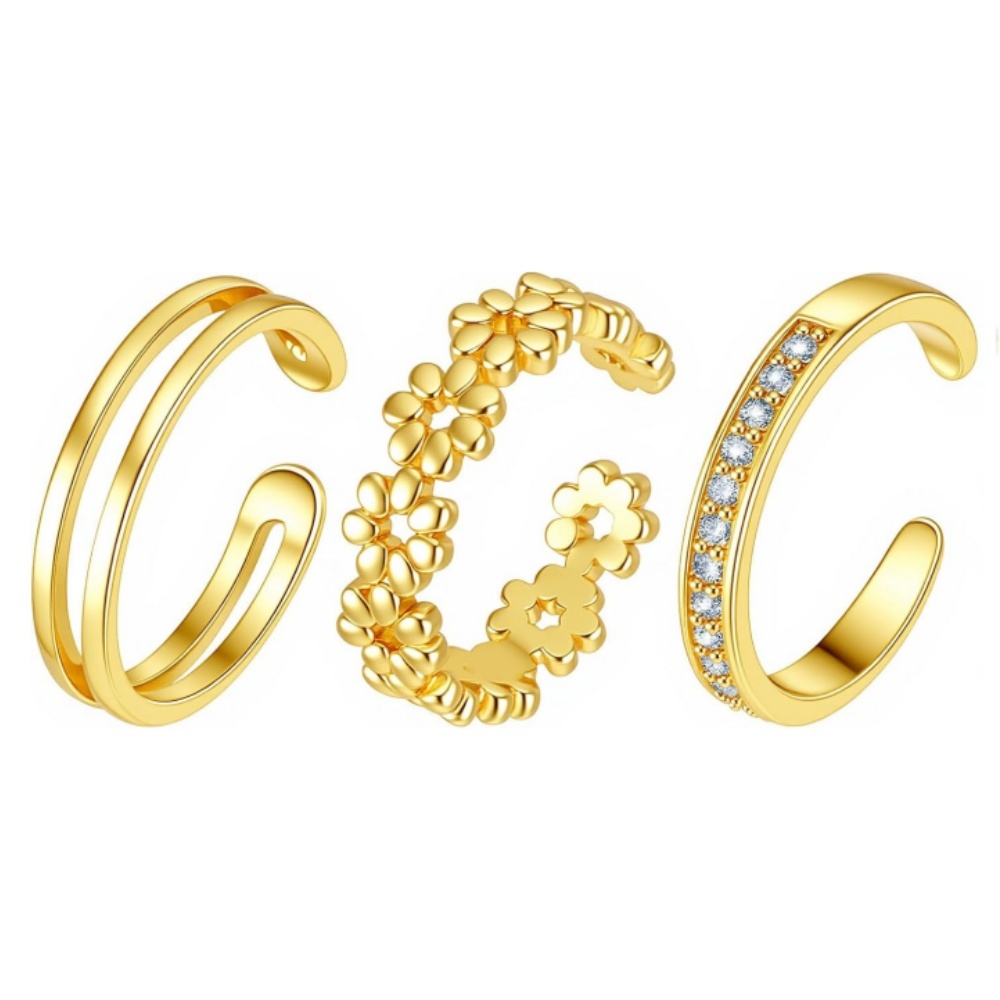 Women'S Fashion Rings Gold - Zestaw 3 złotych, otwartych, regulowanych pierścionków