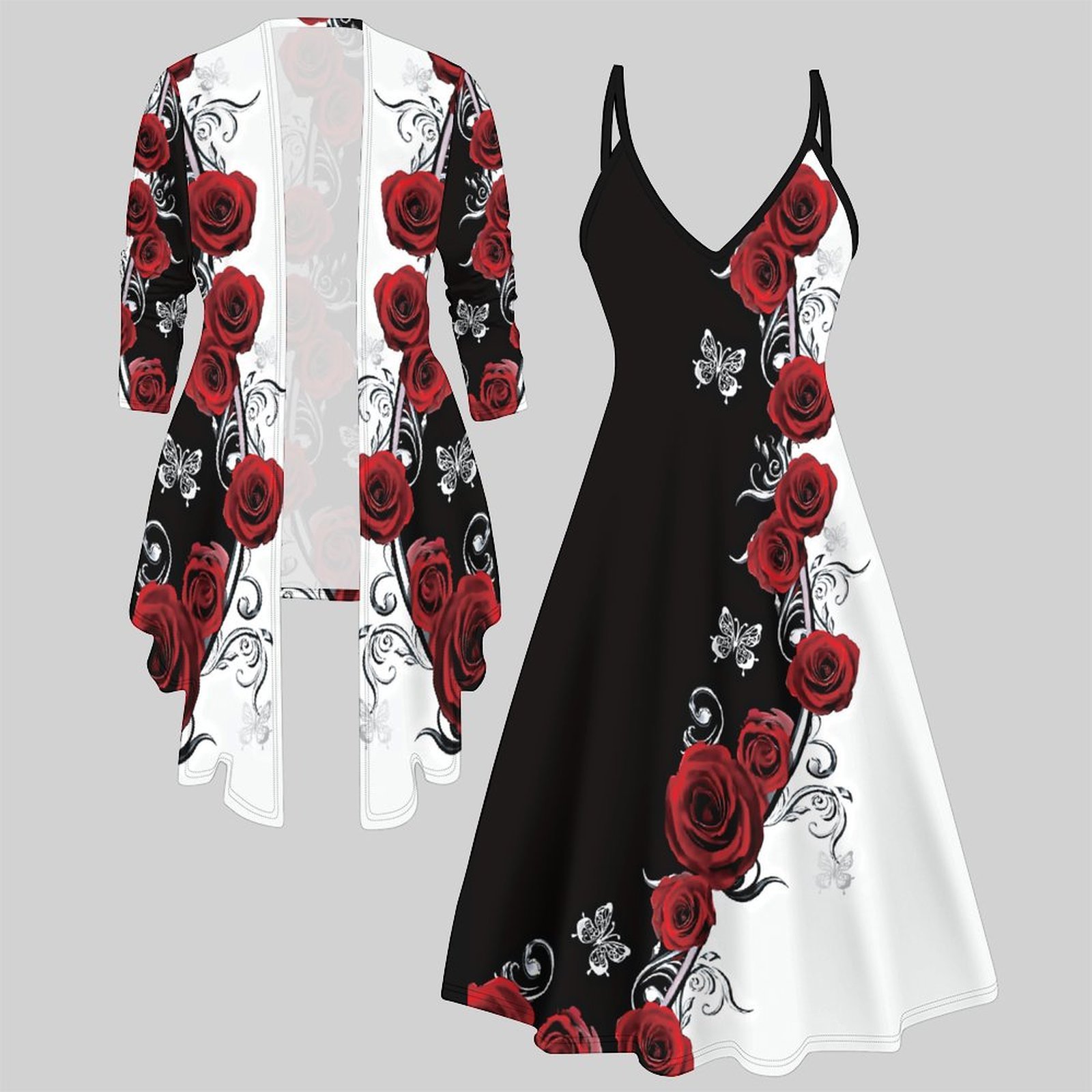 Women'S Fashion Essentials - Damski dwuczęściowy zestaw: sukienka midi, kardigan