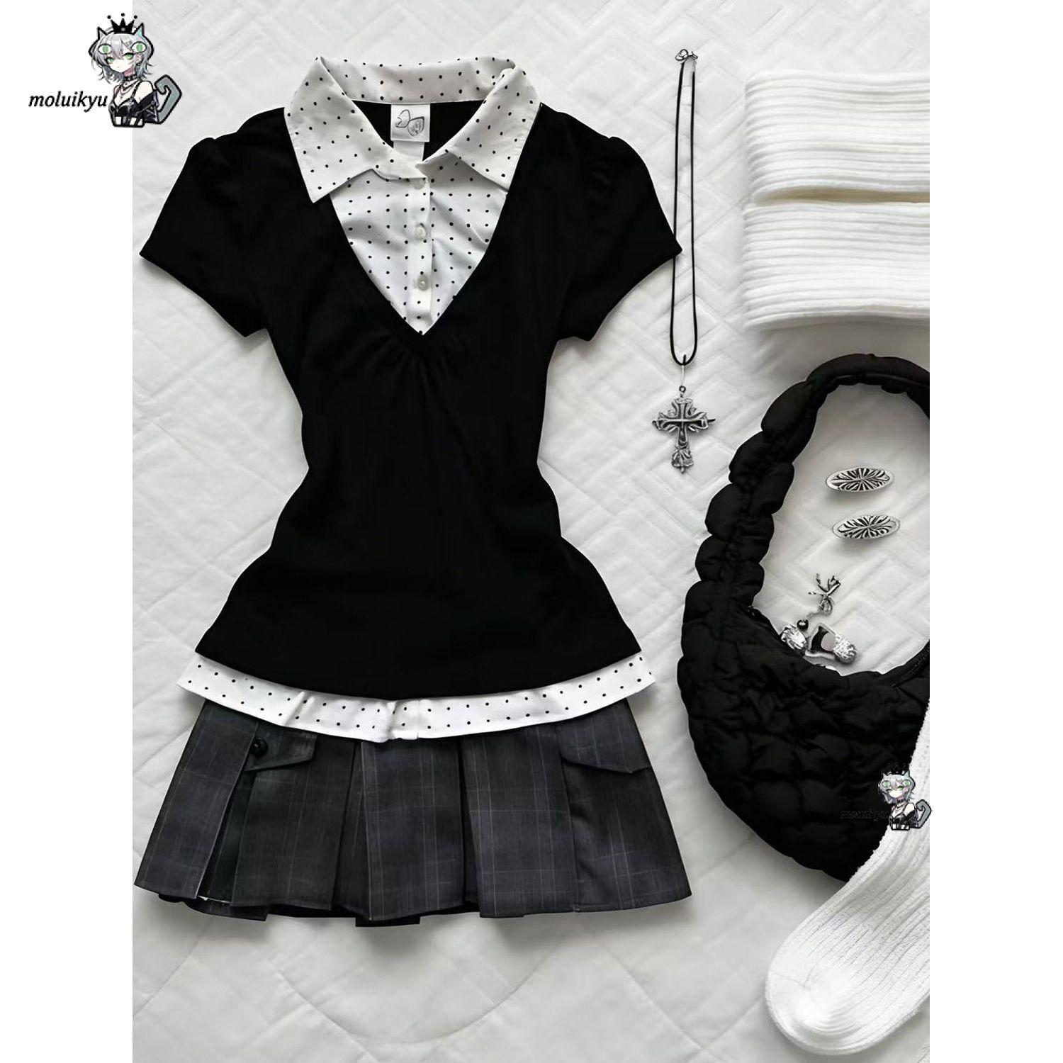 Pleated Skirt Women - Dwuczęściowy zestaw w stylu Y2K preppy,